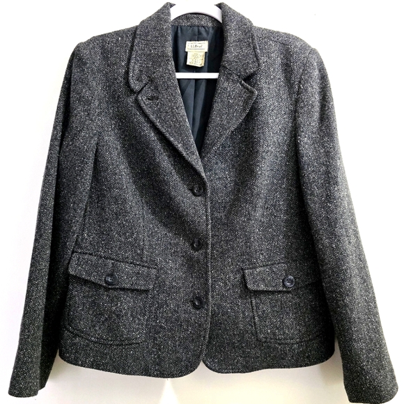 S O L D  LL Bean Dark Gray Tweed Wool Blend Tailored Blazer size L/P - Picture 15 of 15